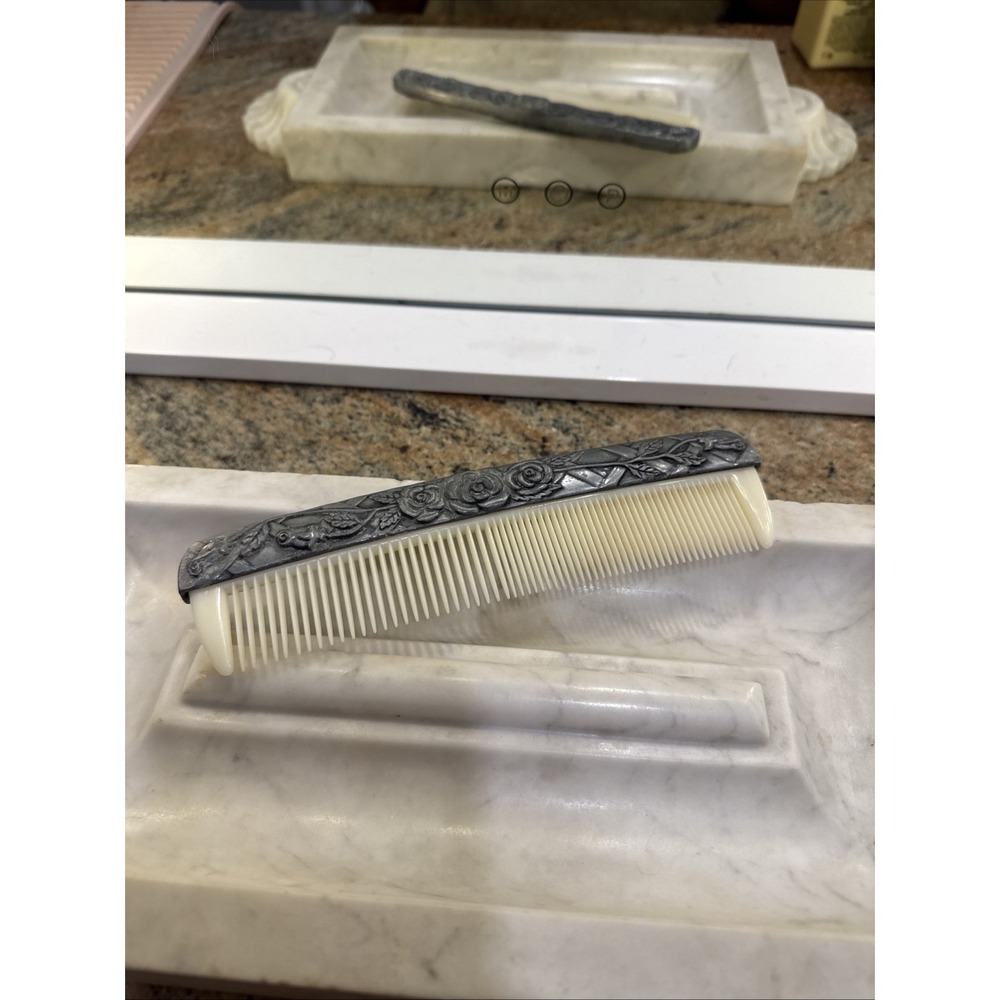 Vintage Vanity Set Decor Hair Comb Ornate Roses Silver Plate Country Cottage